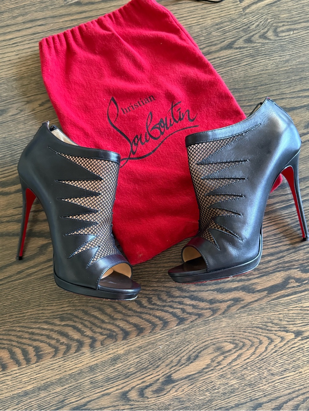 Christian Louboutin Black Leather Mesh Peep-Toe Ankle Booties with Red Sole
